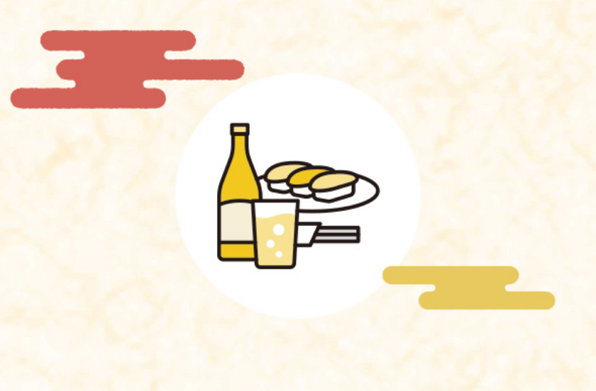 コップに注がれた瓶ビールと寿司のイラスト