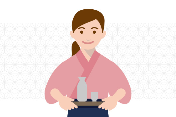 和服姿でお猪口の乗ったお盆を持つスタッフのイラスト