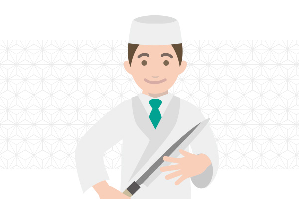 割烹着姿で包丁を持つスタッフのイラスト